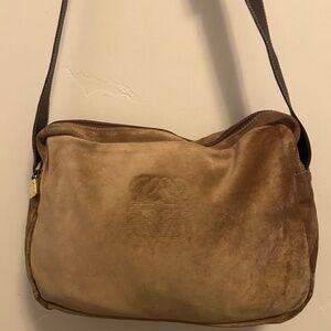 LOEWE Suede shoulder bag in tan with brown leather and gold hardware